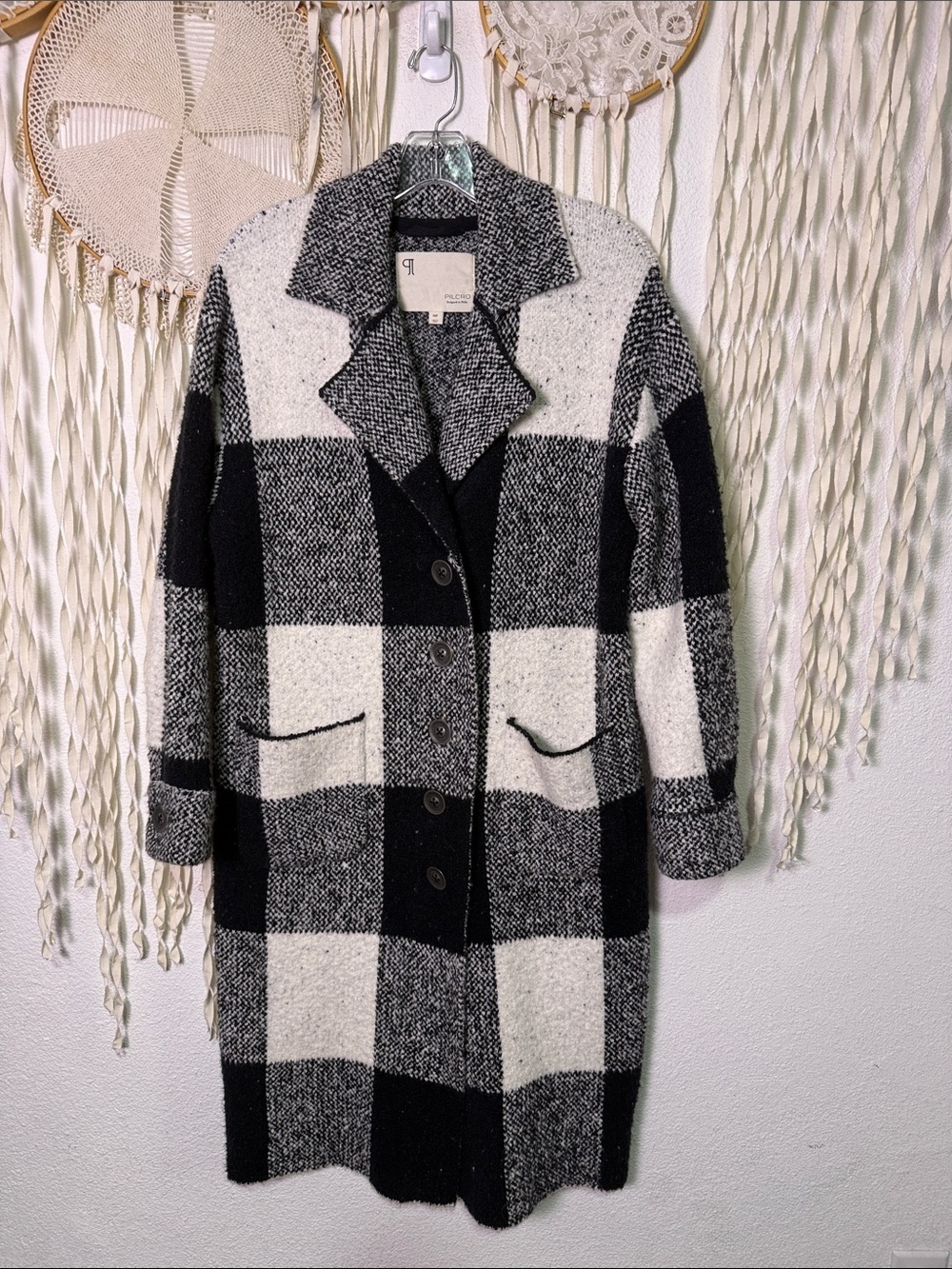 Anthropologie | Pilcro Mackinaw Knit Sweater Coat in Black White Plaid Check XSP - Picture 2 of 14